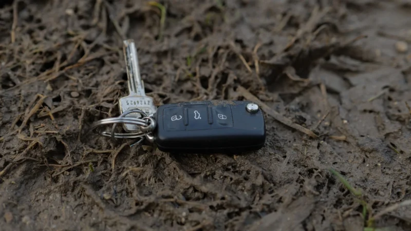 car keys lost in a muddy field